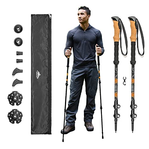 Cascade Mountain Tech Trekking Poles - Aluminum Hiking Walking Sticks with Adjustable Locks Expandable to 54' (Set of 2), Cork Grip, Orange