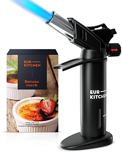 EurKitchen Premium Culinary Butane Torch with Safety Lock, Adjustable Flame, Guard - Hand Torch for Cooking - Torch Lighter for Creme Brulee, BBQ, Baking, Soldering, Crafts - Butane Gas Not Included