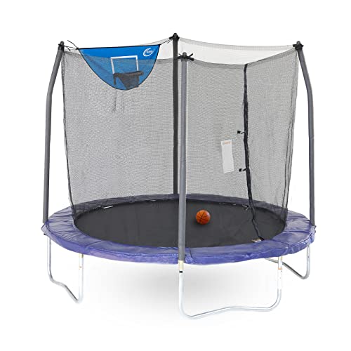 Skywalker Trampolines 8-Foot Jump N’ Dunk Trampoline with Safety Enclosure and Basketball Hoop, Blue