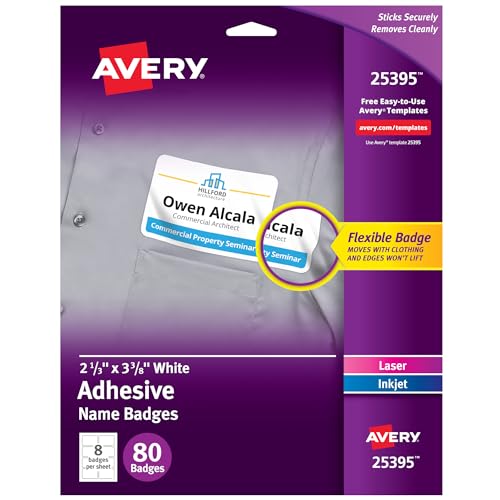 Avery Flexible Printable Name Tags, 2-1/3' x 3-3/8', Matte White, 80 Removable Name Badges (25395)