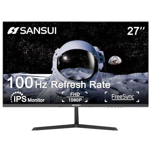 SANSUI 27 Inch Monitor, IPS 100Hz Computer Monitor Full HD 1920 x 1080P with HDMI VGA Interface Eye Care Frameless 100 x 100mm VESA (ES-27X3AL, HDMI Cable Included)