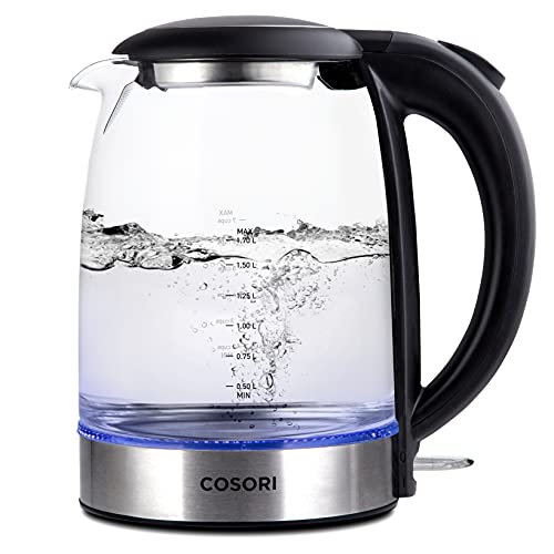 COSORI Electric Kettle with Stainless Steel Filter and Inner Lid, 1500W Wide Opening 1.7L Glass Tea Kettle & Hot Water Boiler, LED Indicator Auto Shut-Off & Boil-Dry Protection, BPA Free, Matte Black