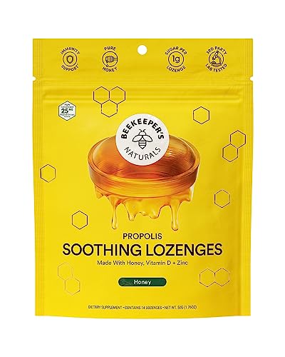 Soothing Honey Cough Drops - Immune Support with Vitamin D, Zinc and Propolis - by Beekeeper's Naturals - Throat Soothing Lozenges, 14 Ct