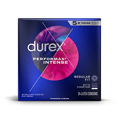Durex Performax Intense Natural Rubber Latex Condoms, Regular Fit, 24 Count, Contains Desensitizing Lube for Men, FSA & HSA Eligible (Packaging May Vary)