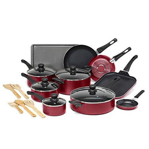 Ecolution Easy Clean Nonstick Cookware Set, Dishwasher Safe Kitchen Pots and Pans Set, Comfort Grip Handle, Even Heating, Ultimate Food Release, 20-Piece, Red