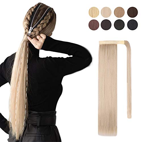 HANYUDIE Ponytail Extension Wrap Around Ponytail Hair Extension for Women 20 Inch Long Straight Ponytail Extension Synthetic Clip in Ponytail Hairpiece (Natural Blonde Mix Bleach Blonde.)