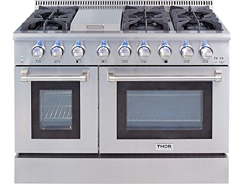 Thor Kitchen HRG4808U 48' Griddle Gas Range with 6 Burners and Double 4.2 cu.Ft and 2.5 cu, ft Oven Capacity Stainless Steel