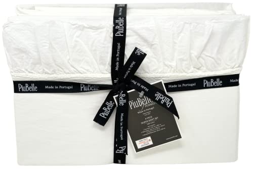 Piu Belle Shabby Chic Ruffled 4pc Sheet Set Queen or King 100% Cotton Cottage French Country Style Frilled Sheets White (White, Queen)