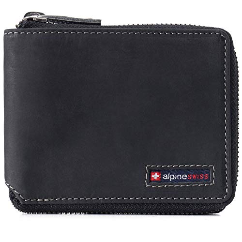 Alpine Swiss Logan Mens RFID Safe Zip Around Wallet Cowhide Leather Zipper Bifold with Gift Box Charcoal