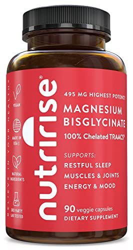 NutriRise Magnesium Bisglycinate Chelate Buffered, 495mg, Supports Calm More Restful Sleep and Relaxation, Helps Foot & Leg Cramps, Muscle Health, Energy Levels, Max High Absorption, Non GMO, 90 Count