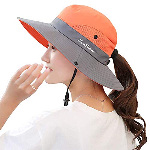 Ponytail Women's Summer Sun Bucket Hats UV Protection Safari Hiking Wide Brim Beach Foldable Mesh Fishing Cap (Orange)