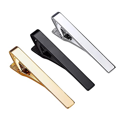 Roctee Tie Clips for Men, 3 Pack Classic Tie Clip Silver Gold Black Necktie Tie Bar Pinch Clips Suitable for Wedding Anniversary Business