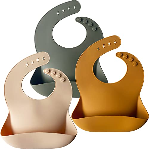 Moonkie Silicone Baby Bibs Set Of 3, BPA Free Soft Adjustable Fit Waterproof Feeding Bibs for Babies and Toddlers(Cream/Buck/Olive Green)