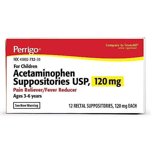 Perrigo Acetaminophen Rectal Suppositories USP, Pain Reliever/Fever Reducer for Children 120 mg, 12 Pieces
