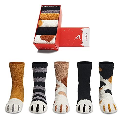 SISOSOCK Fuzzy Socks for Women Cute Cat Paw Socks 5 Pairs Women Winter Fluffy Cozy Plush Slipper Socks With Gift Box for Women Girls Gifts (Multicolor-5)