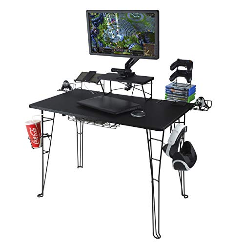 Atlantic Original Gaming Desk – Carbon-Fiber Laminated Desktop, Heavy-Duty Steel-Wire Legs, Elevated Monitor Platform, Tablet/Phone Stand, Speaker Stands, Video Game Gadget Rack, PN 33935701 - Black