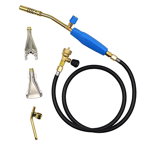 Propane Torch Kit with Hose & 3 Torch Heads, Portable Propane Soldering Torch, Map/Mapp Gas Welding Torch with Adjustable Flame, Handheld Heating and Plumbing Torch, 50in Hose and 3 Replacement Heads