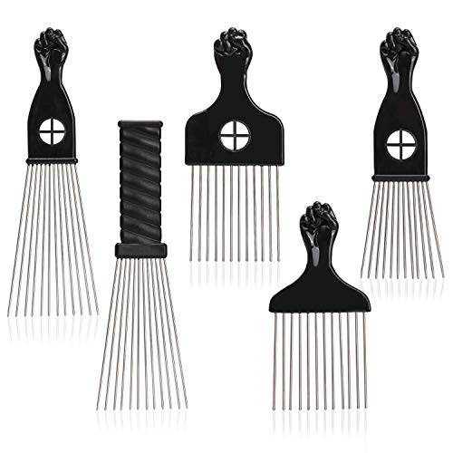 Noverlife 5 Pack Afro Hair Pick Combs, Stainless Steel Wide Teeth Metal African American Styling Pick, Hair Locks Detangling Brush for Natural Curly Wavy Perm Hair, Reduce Frizz & Damage