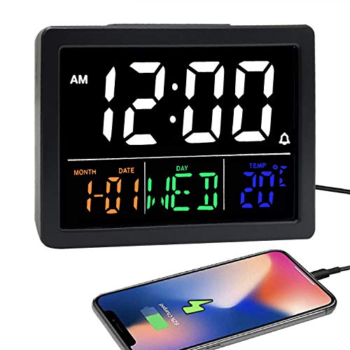 Digital Alarm Clock, with 5.5' Large LED Time Display, Adjustable Alarm Volume, 6 Level Brightness, Alarm Settings, USB Charger, Temperature Detect, Snooze, Clocks for Bedroom, Bedside, Desk, Black