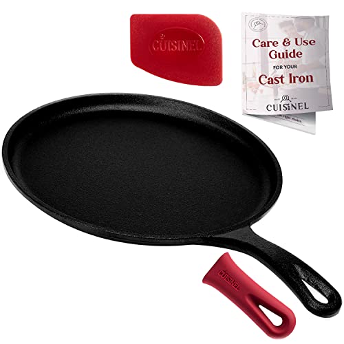 Cuisinel Cast Iron Round Griddle - 10.5' Crepe Maker Pan + Silicone Handle Cover - Pre-Seasoned Comal for Tortillas Flat Skillet - Dosa Tawa Roti Grill - Oven, Stove, BBQ, Fire, Smoker, Induction Safe