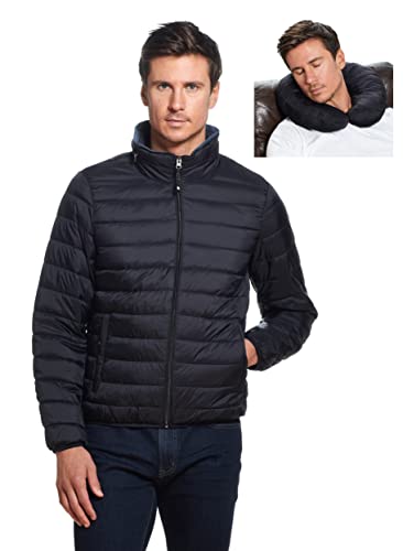 Weatherproof Mens Puffer Jackets - Packable Travel Neck Pillow Black Alternative Down Puffer Jacket Men (Black, L)