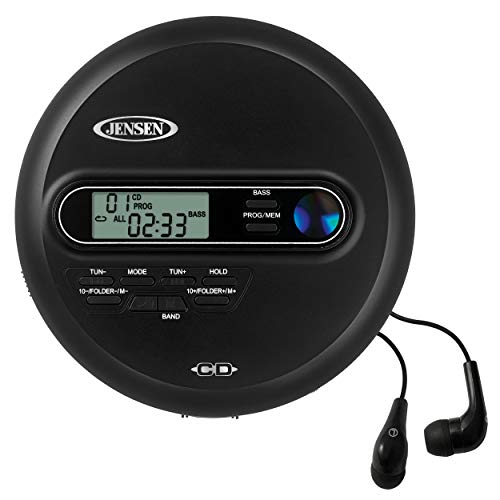 Jensen CD-65 Portable Personal CD Player CD/MP3 Player + Digital AM/FM Radio + with LCD Display Bass Boost 60-Second Anti Skip CD R/RW/Compatible Sport Earbuds Included (Black Limited Edition Series)