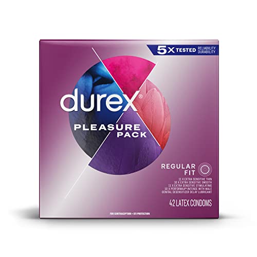 Durex Pleasure Pack Assorted Condoms, Exciting Mix of Sensation and Stimulation, Natural Rubber Latex Condoms for Men, Regular Fit, FSA & HSA Eligible, 42 Count (Packaging may Vary)