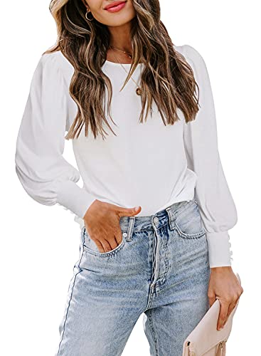 DOROSE Women Tops Long Sleeve Shirts Business Casual Puff Sleeve Blouses for Work T Shirts (Medium, Z- White)