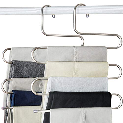 devesanter Pants Hangers Non-Slip S-Shape 4 Pack Trousers Hangers Stainless Steel Clothes Hangers Closet Storage Organizer for Pants Jeans Scarf (4 Pack with 10 Clips)