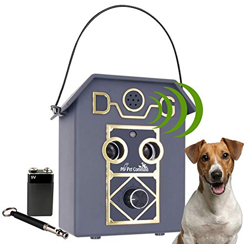 My Pet Command 50Ft Long Range Anti Barking Device, Auto Ultrasonic Dog Bark Deterrent, Dual Speaker Waterproof for Outdoor use Adjustable Ultrasonic Level Control, Bonus Training Whistle
