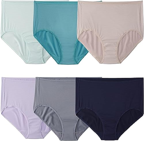 Fruit of the Loom Women's Breathable Underwear, Moisture Wicking Keeps Comfortable, Available in Plus Size, Cooling Stripes-Brief-6 Pack-Colors May Vary, 8