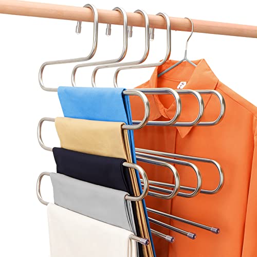 Eityilla S Type Clothes Hanger Stainless Steel Space Saving Hangers 5 Layers Closet Storage Organizer for Jeans Trousers Tie Belt Scarf (4-Pieces)