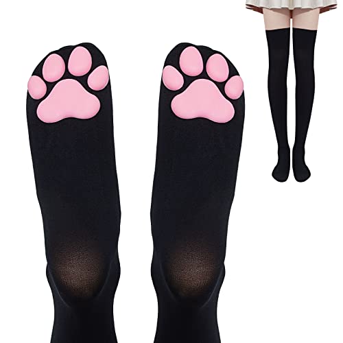 Geyoga Cat Paw Pad Socks Thigh High Pink Cute 3D Kitten Claw Stockings for Girls Women Cat Cosplay (Black-Pink)