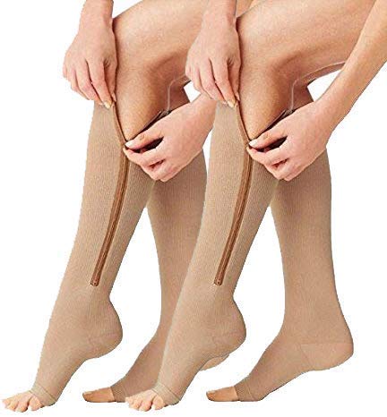 ACTINPUT 2 Pairs Compression Socks Toe Open Leg Support Stocking Knee High Socks with Zipper (Nude, L/XL) …