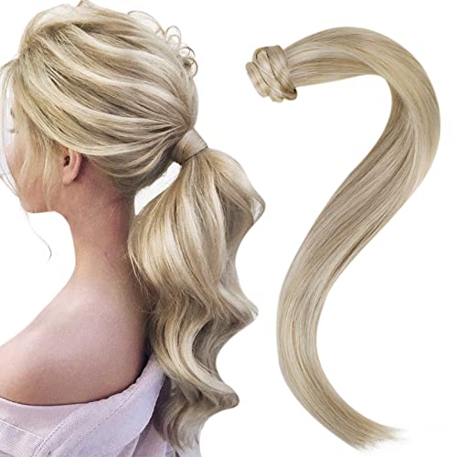 Easyouth Blonde Human Hair Ponytail Extension Blonde Pony Tails Hair Extensions Human Hair Ash Blonde Highlighted Bleach Blonde Clip in Ponytail Hair Extension Ponytail Real Human Hair 16Inch 80g