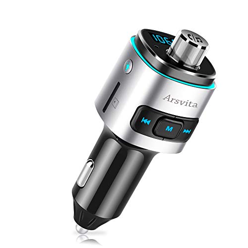 Arsvita Bluetooth FM Transmitter for Car, QC3.0 Quick Charger Music Player with Hands Free Call, Support Siri/Google Voice Wake-up, Color Light, Silver