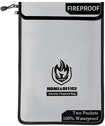 Upgraded Two Pockets Fireproof Document Bag (2000℉), andyer 15”x 11”Waterproof and Fireproof Money Bag with Zipper, Waterproof Document Holder Pouch Fireproof Safe Bag for Valuables, Legal Documents
