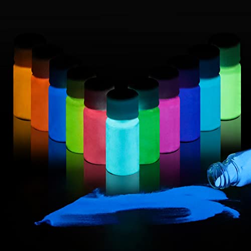 Glow in The Dark Powder 12 Colors Epoxy Resin Dye Luminous Pigment Powder Safe Long Lasting for Fine Art, DIY Nail Art, Epoxy Resin Colorant, DIY Crafts and Theme Party, 0.7oz Each
