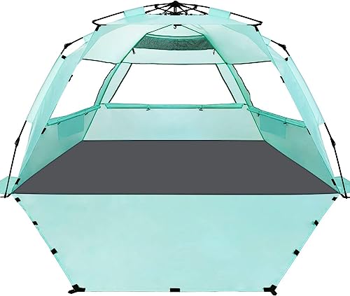 WhiteFang Deluxe XL Pop Up Beach Tent Sun Shade Shelter for 3-4 Person, UV Protection, Extendable Floor with 3 Ventilating Windows Plus Carrying Bag, Stakes, and Guy Lines (Mint Green)