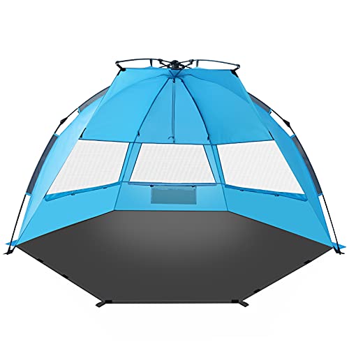 TAGVO Beach Tent, X-Large Pop Up Sun Shelter, Easy Set Up, Portable Instant Beach Canopy Baby Tent, UPF 50+ Sun Protection Good Ventilation 3-4 Person Sun Shade Tent with Ventilation Windows