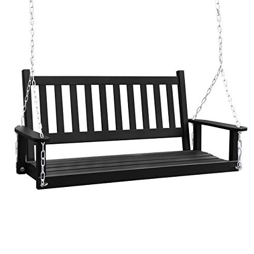 MUPATER Outdoor Patio Hanging Wooden Porch Swing 4FT with Chains, 2-Person Heavy Duty Swing Bench for Garden and Backyard, Black