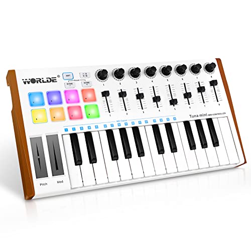 Vangoa Worlde TUNA MINI 25 Key USB MIDI Keyboard Controller with Drum Pads, 8 RGB Backlit Beat Pads, 8 Knobs, 8 Faders, White