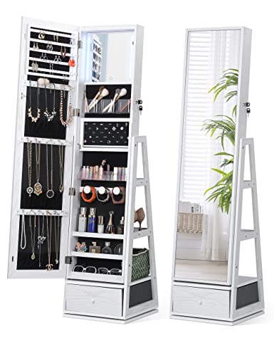 Nicetree 360° Swivel Jewelry Cabinet with Lights, Touch Screen Vanity Mirror, Rotatable Full Length Mirror with Jewelry Storage, Standing Jewelry Armoire Organizer, Foldable Makeup Shelf, White