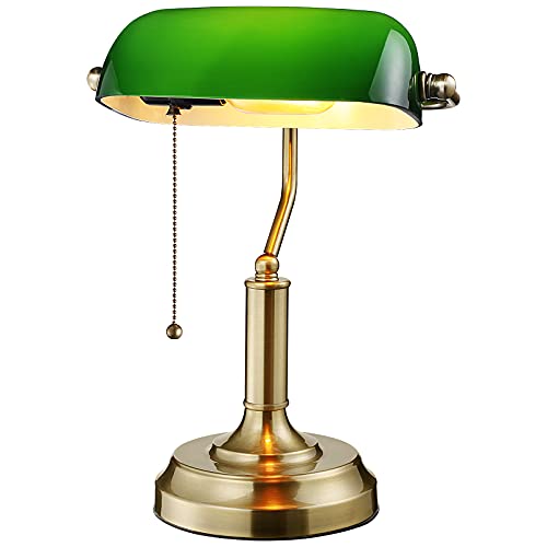 TORCHSTAR Green Glass Bankers Desk Lamp, UL Listed, Antique Desk Lamps with Brass Base, Traditional Library Lamp with Pull Chain, E26 Base, Vintage Desk Lamp for Office, Study Room