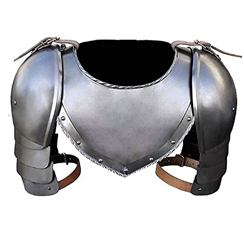 AnNafi Medieval Iron Gorget Spaulders Arm Shoulder Set | Viking Crusader Pauldrons Warrior Armor Steel Handmade Neck Protector | SCA LARP Knight Metal Shoulder Guard Vembrace Pair Silver Adult