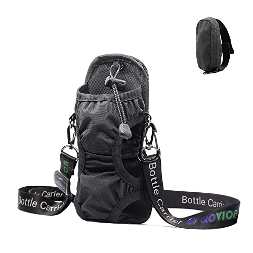 Glovion Portable Water Bottle Holder Bag (Folded into Pouch When Not Use), Bottle Carrier with Adjustable Shoulder Strap, Water Bottle Sling Cup Bag with Carabineer for Outdoor Hiking Walking - Black