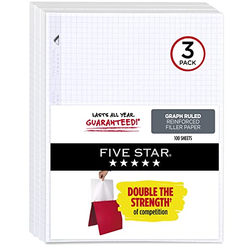 Five Star Loose Leaf Paper, 3 Pack, 3 Hole Punched, Reinforced Filler Paper, Graph Ruled Paper, 11' x 8-1/2', 100 count (Pack of 3)