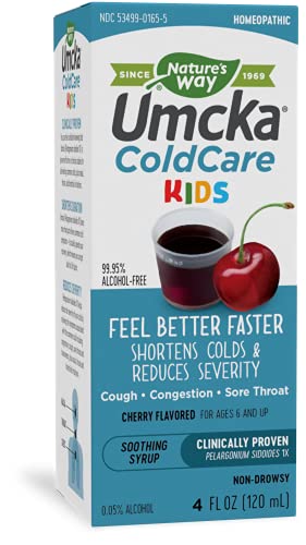 Nature's Way Umcka ColdCare for Kids 6+ Homeopathic, Shortens Colds, Sore Throat, Cough, and Congestion, Phenylephrine Free, Non-Drowsy, Cherry Flavored, 4 Fl. Oz Syrup