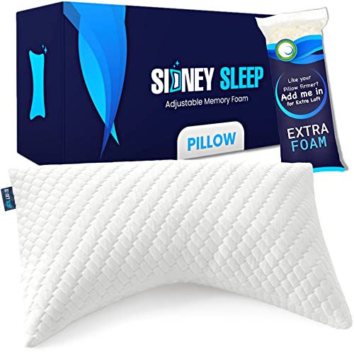 Sidney Sleep Side and Back Sleeper Pillow for Neck and Shoulder Pain Relief - Memory Foam Bed Pillow for Sleeping - 100% Adjustable Fill - Queen Size Washable Case. Extra Fill Included (Queen, White)