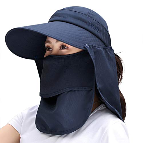 Women Summer Sun Protection Hat Wide Brim UV Hats Removable Neck Face Flap Cap with Ponytail Hole for Fishing Climbing Gardening Navy